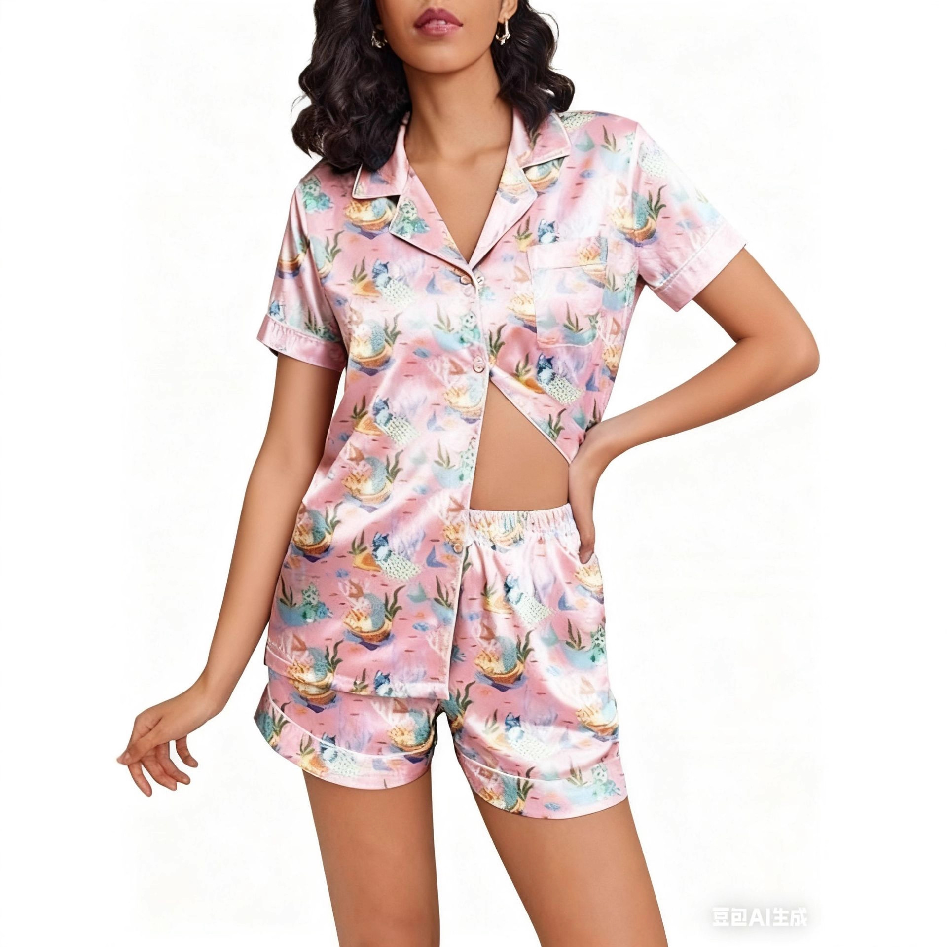 Women's Cuban Collar Floral Print Short Sleeve Shirt Set