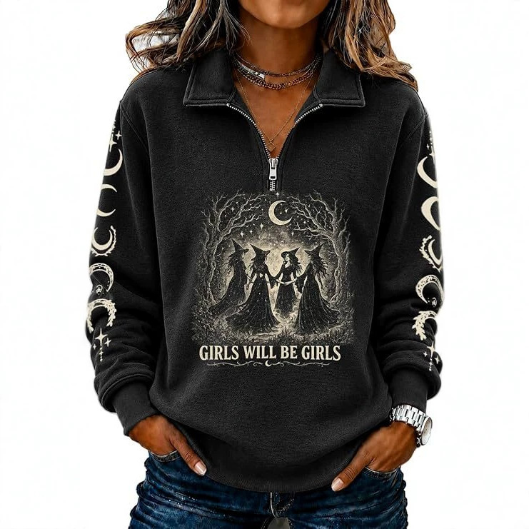 Women's Half-Zip Halloween Witch Skull Print Hoodie