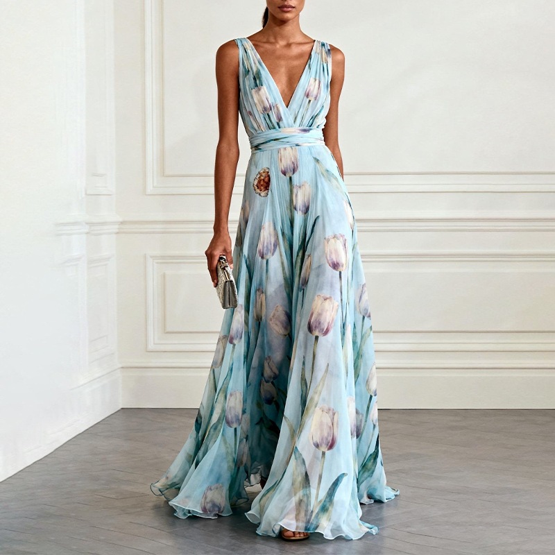 Elegant Floral Print Deep V-Neck High-Waist Maxi Dress