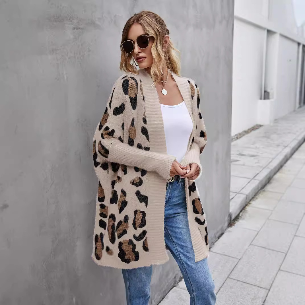 Women's Leopard Print Knit Cardigan Loose Fit Long Sleeve