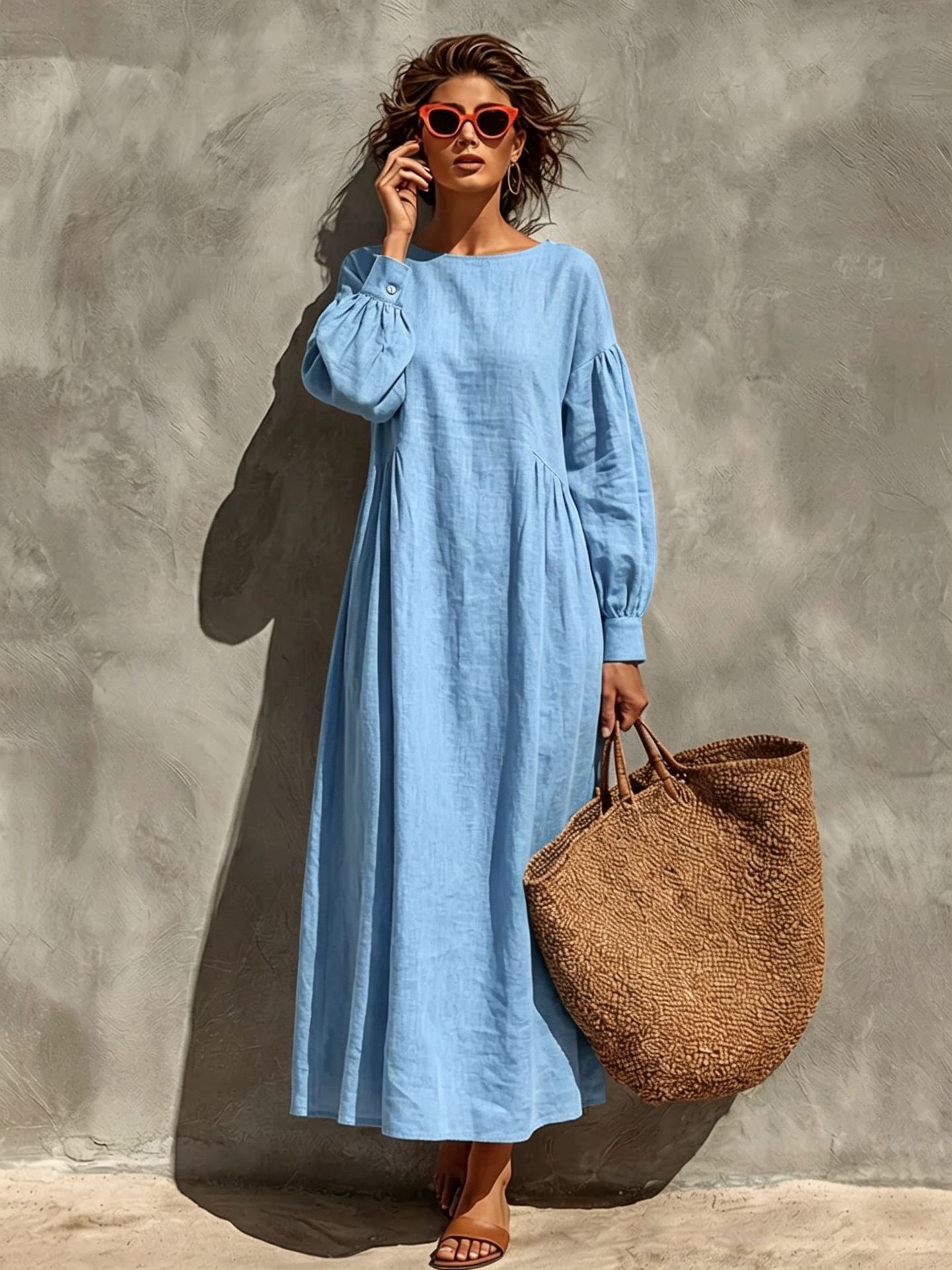 Women's Solid Color Lantern Sleeve Ruched Loose A-Line Midi Dress