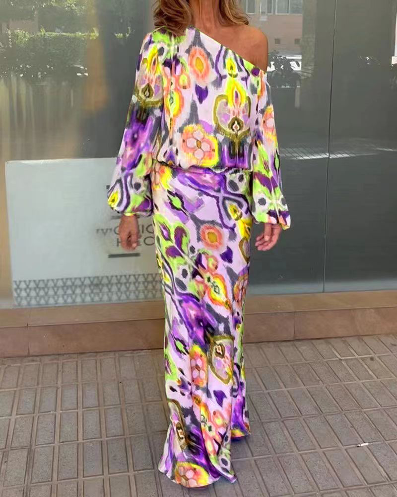 Women's Floral Print Long Sleeve Off-Shoulder Top and Mermaid Maxi Skirt Set