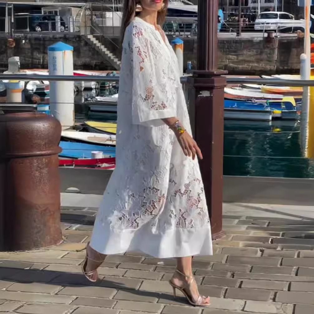 V-Neck Long Sleeve Lace Hollow-Out Maxi Dress