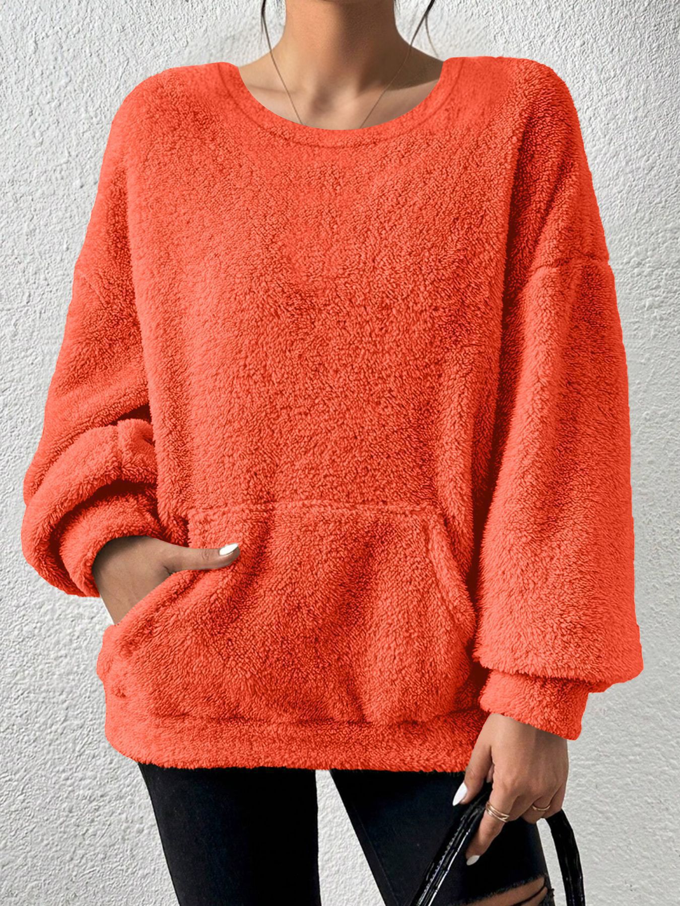 Solid Crewneck Long-Sleeve Pocket Pullover Sweatshirt