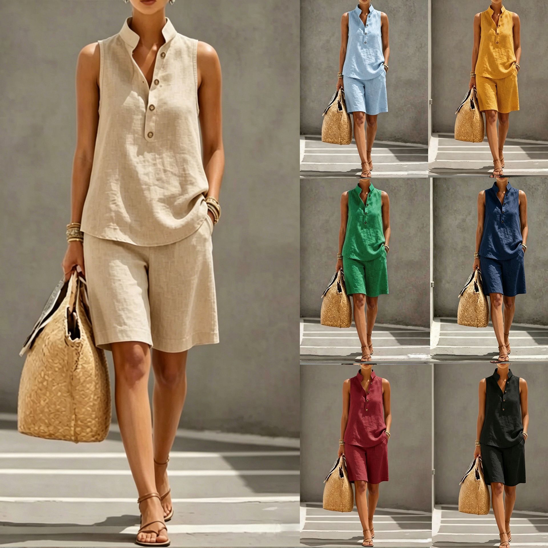 Women's Casual Solid Color Two-Piece Set Sleeveless Polo Top and Shorts