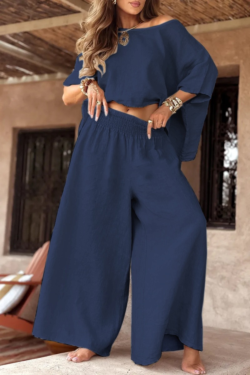 Women's Solid Color Off-Shoulder Bell Sleeve Top Set Casual Loose Summer Two-Piece