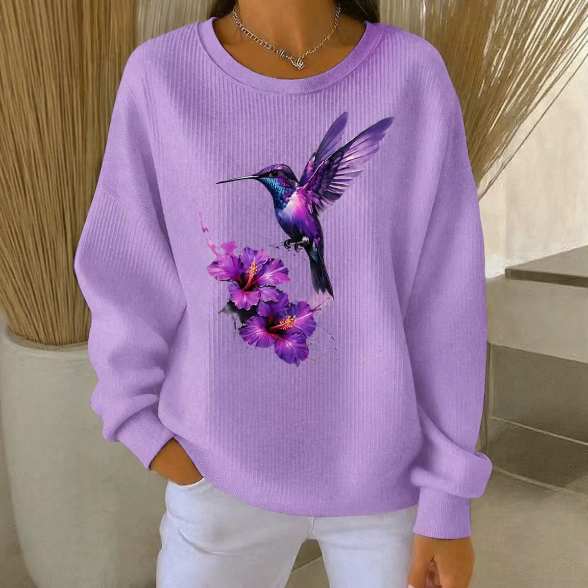 Purple Hummingbird Floral Print Crewneck Long-Sleeve Pullover Sweatshirt