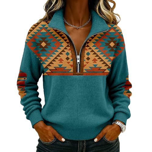 Retro Tribal Print Half-Zip Hoodie for Women