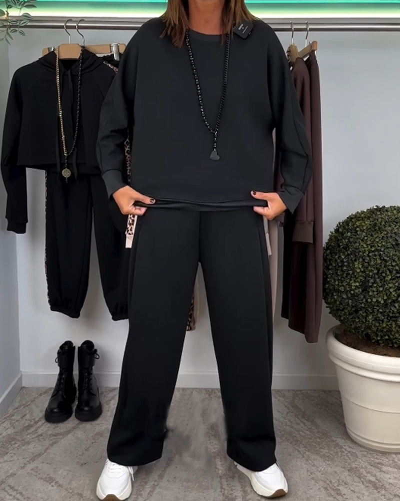 Women's Crewneck Long Sleeve Solid Color Loose Casual Sweatshirt Set