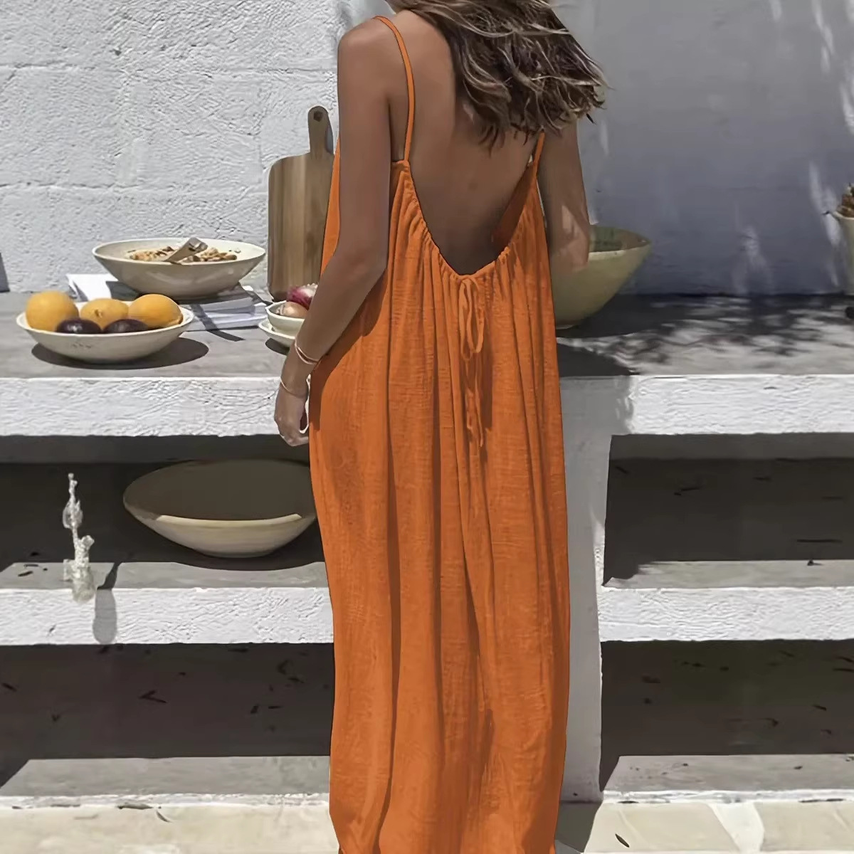Open-Back Spaghetti Strap Maxi Dress U-Neck Loose Solid Beach Vacation