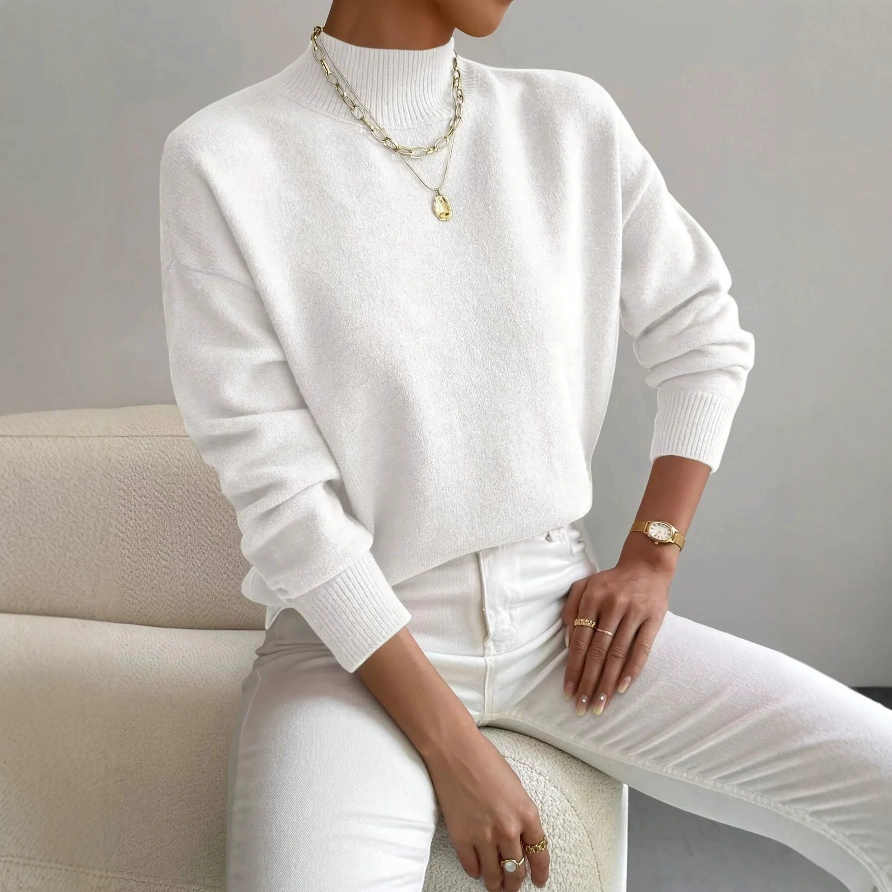 Women's Half Turtleneck Long Sleeve Pullover Sweater Solid Color Loose Knit Top