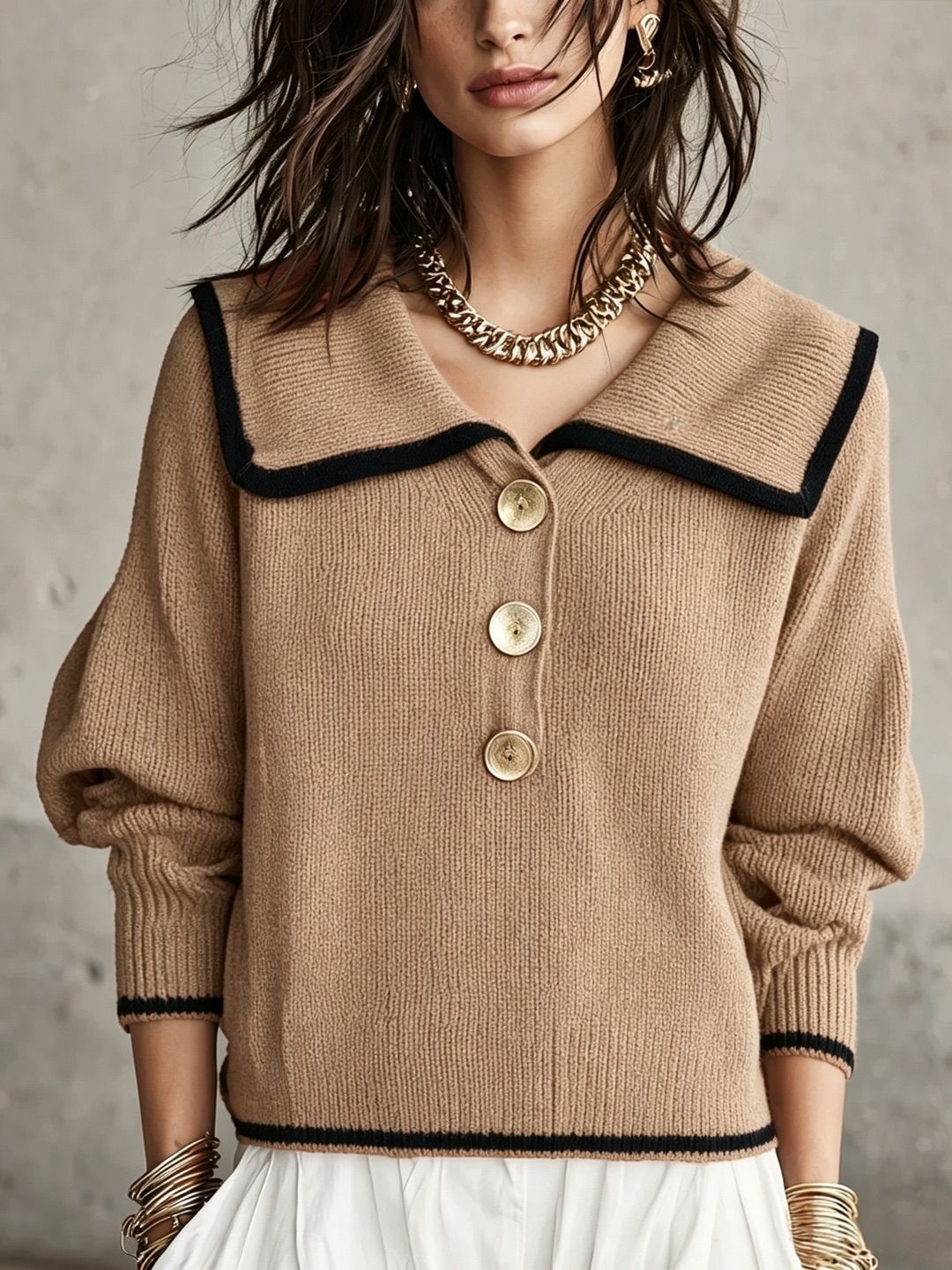 Retro Colorblock Oversized Collar Knit Sweater Loose Long Sleeve Top