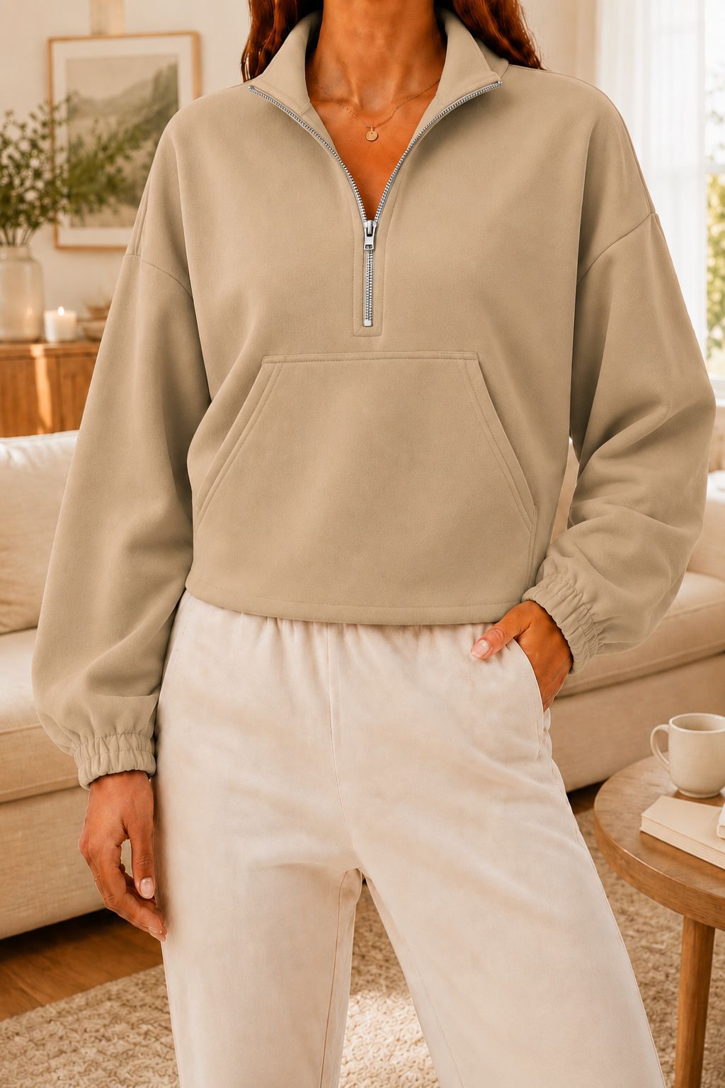 Women's Half-Zip Collared Cropped Hoodie with Kangaroo Pocket