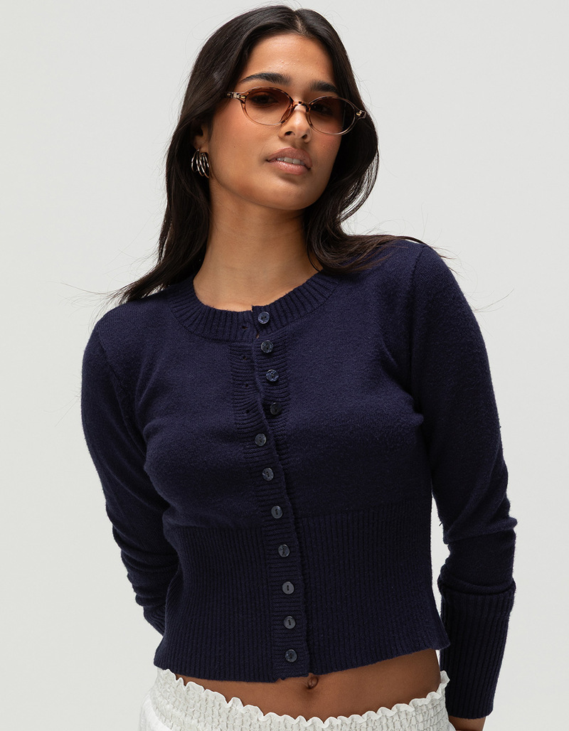 Women's American Retro Solid Crewneck Button-Up Cropped Knit Cardigan Low-Rise Anti-Slip Long Sleeve Top