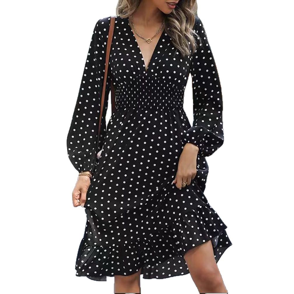 Polka Dot V-Neck Cinched Waist Midi Dress