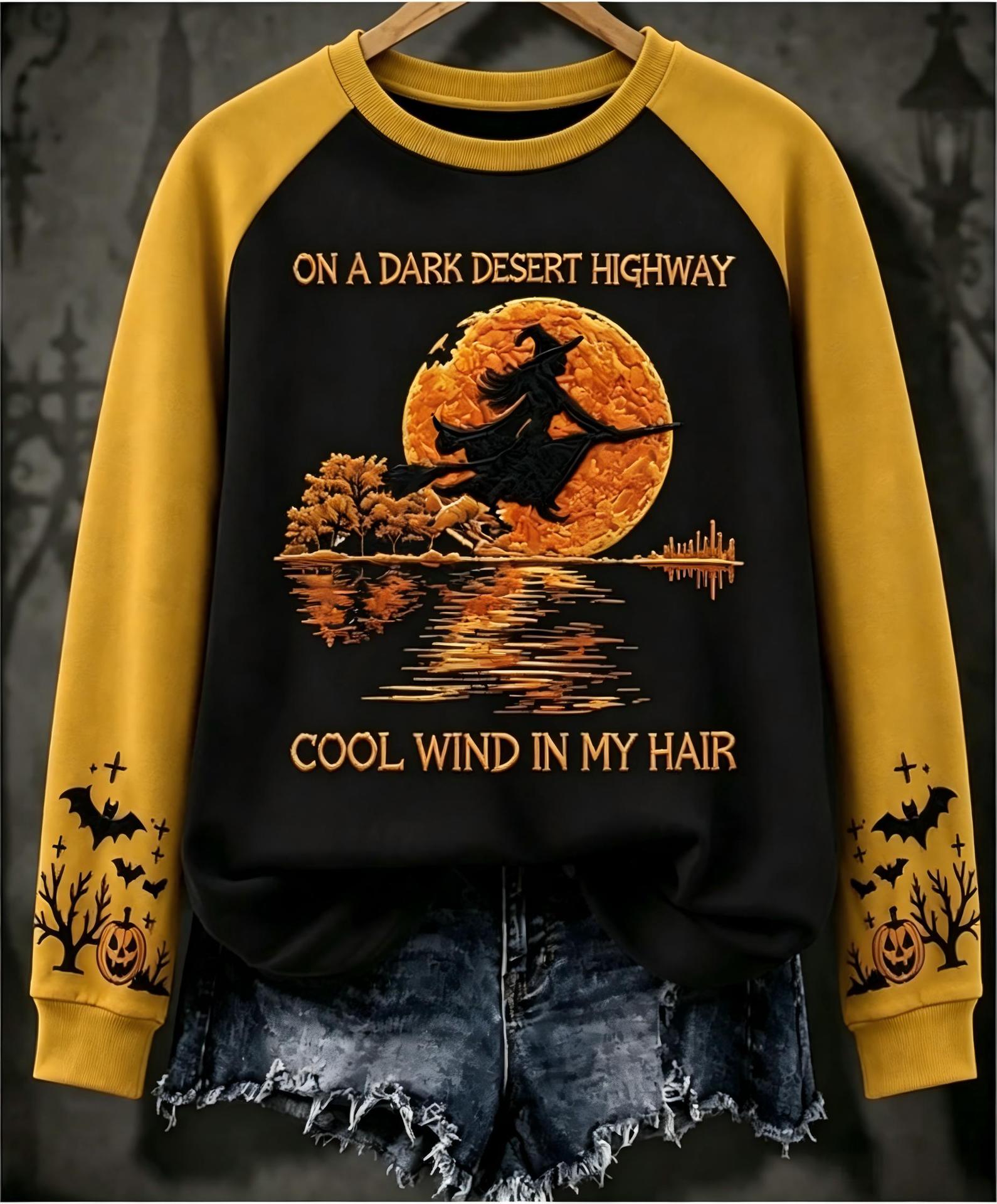 Halloween Witch Print Crewneck Long-Sleeve Pullover Sweatshirt