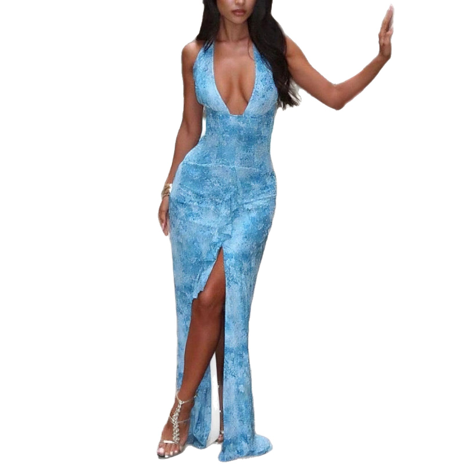 Women's Sexy Slim Fit Halter Open Back Slit Dress