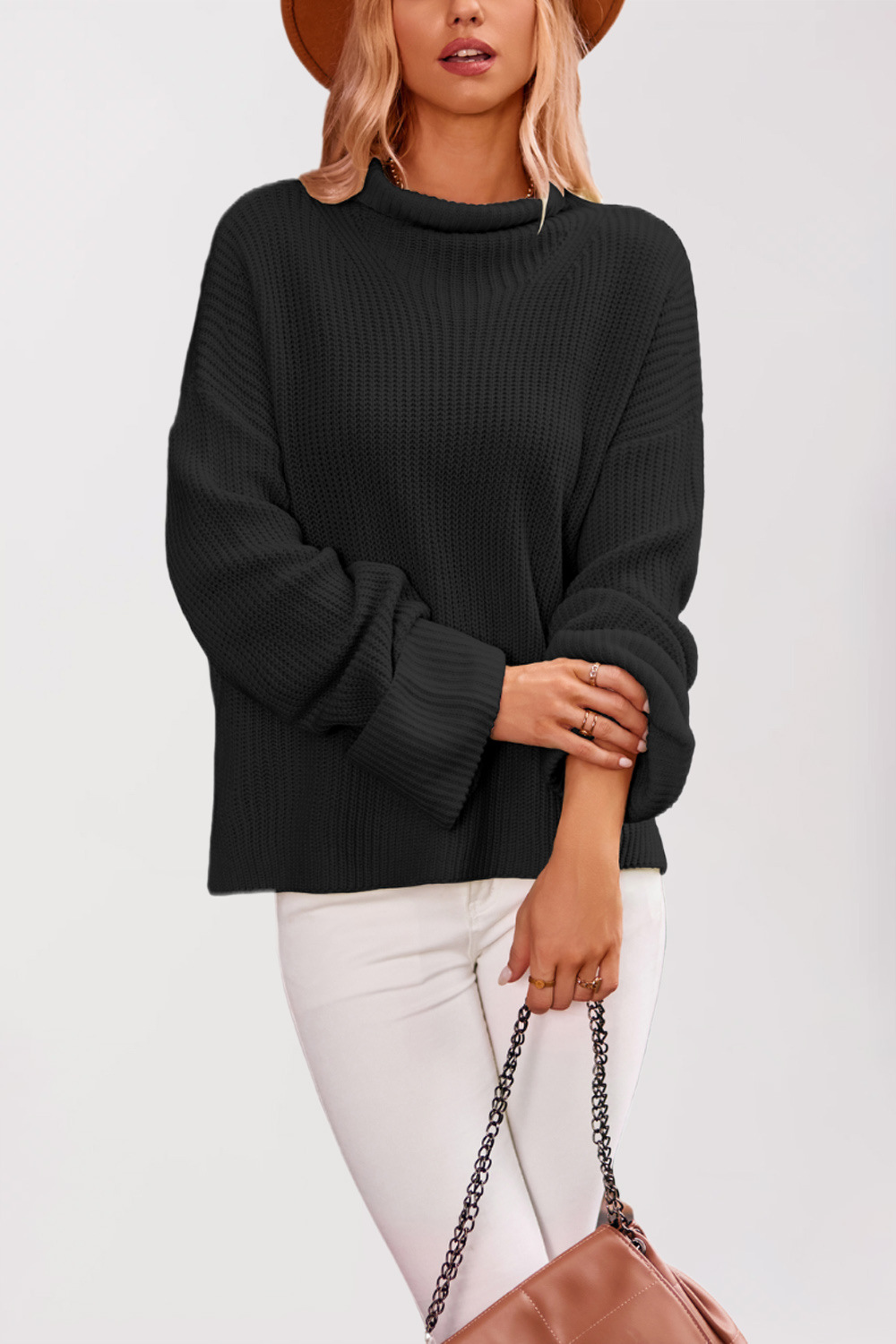 Women's Turtleneck Knit Sweater with Split Hem and Bell Sleeves