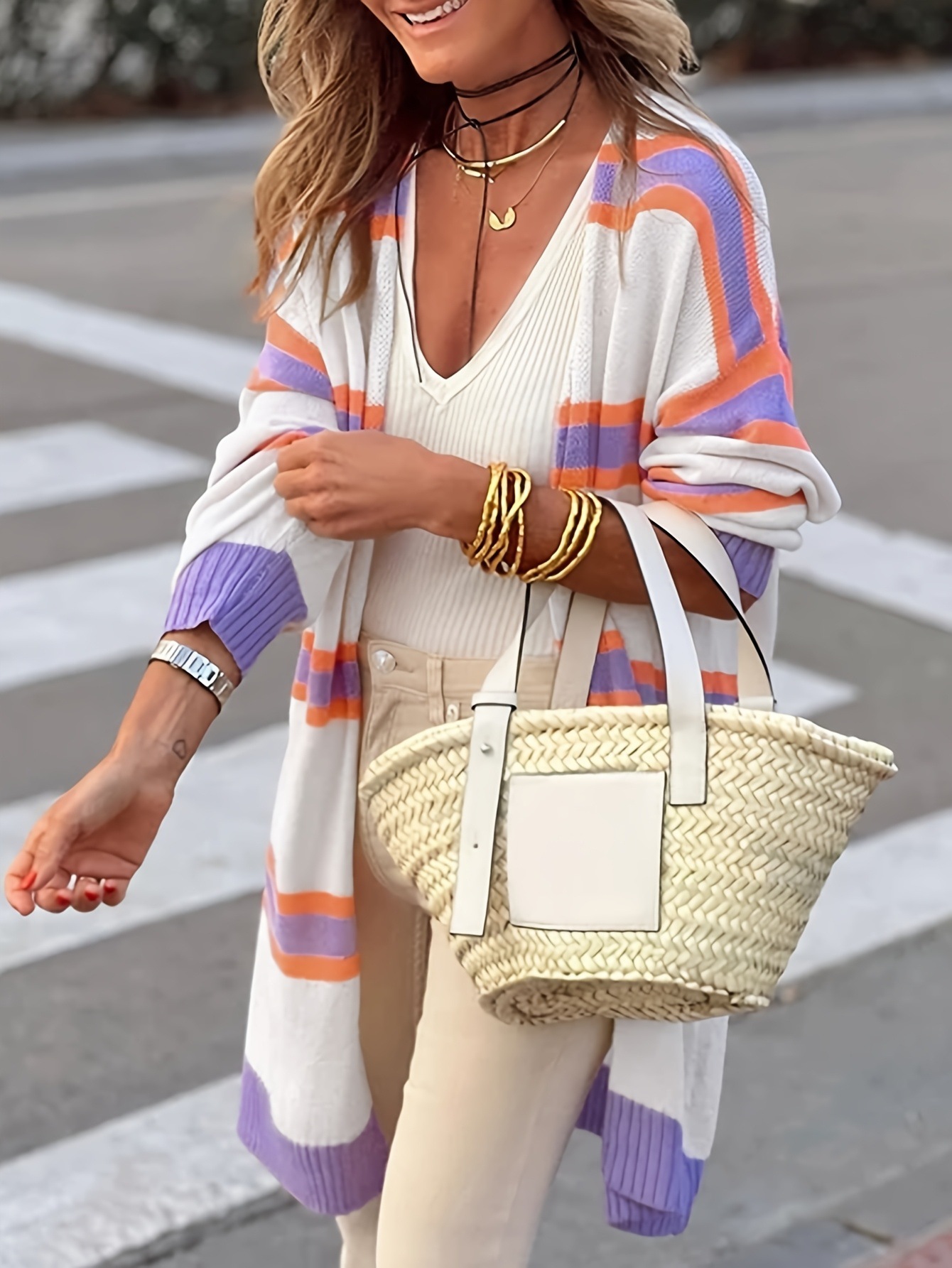 Women's Striped Mid-Long Knit Cardigan Sweater, Loose Fit Long Sleeve Open Front