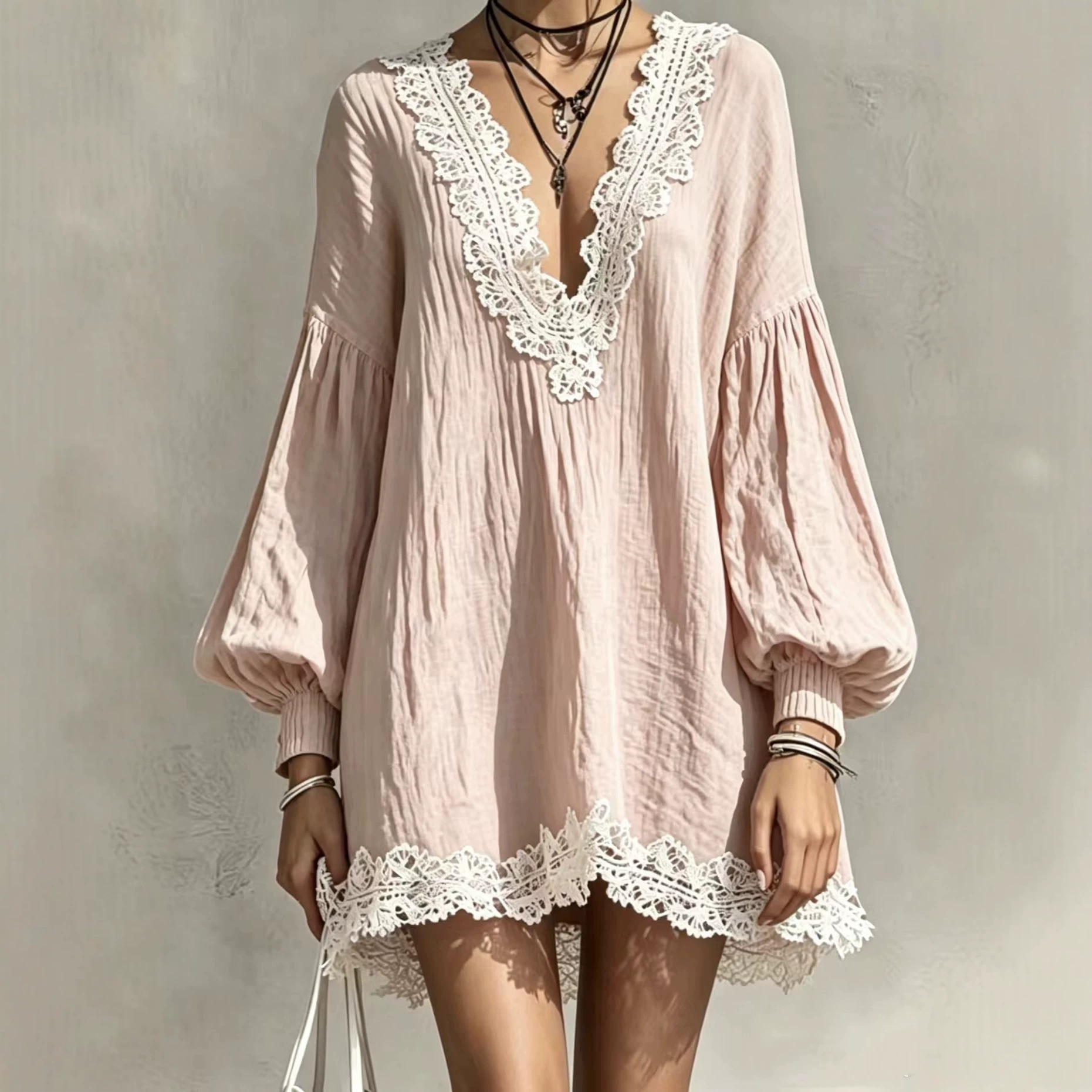 Color-Block V-Neck Lace-Trim Lantern-Sleeve Loose Dress