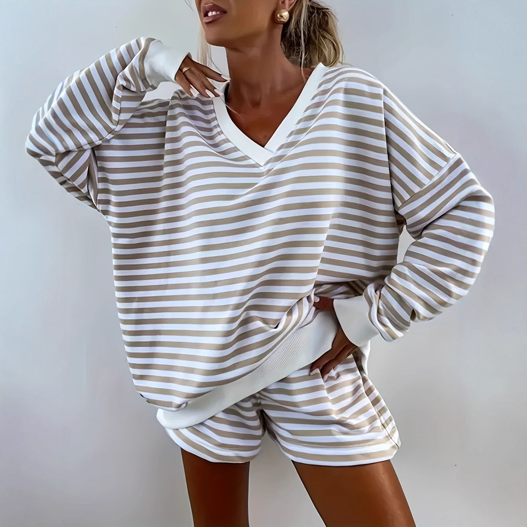 Women's Striped Two-Piece Lounge Set Long Sleeve V-Neck Top and Shorts