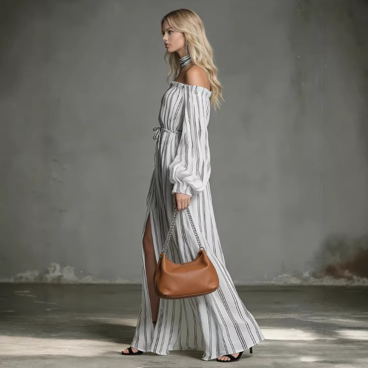 Off-Shoulder Striped Chiffon Long Sleeve Maxi Dress