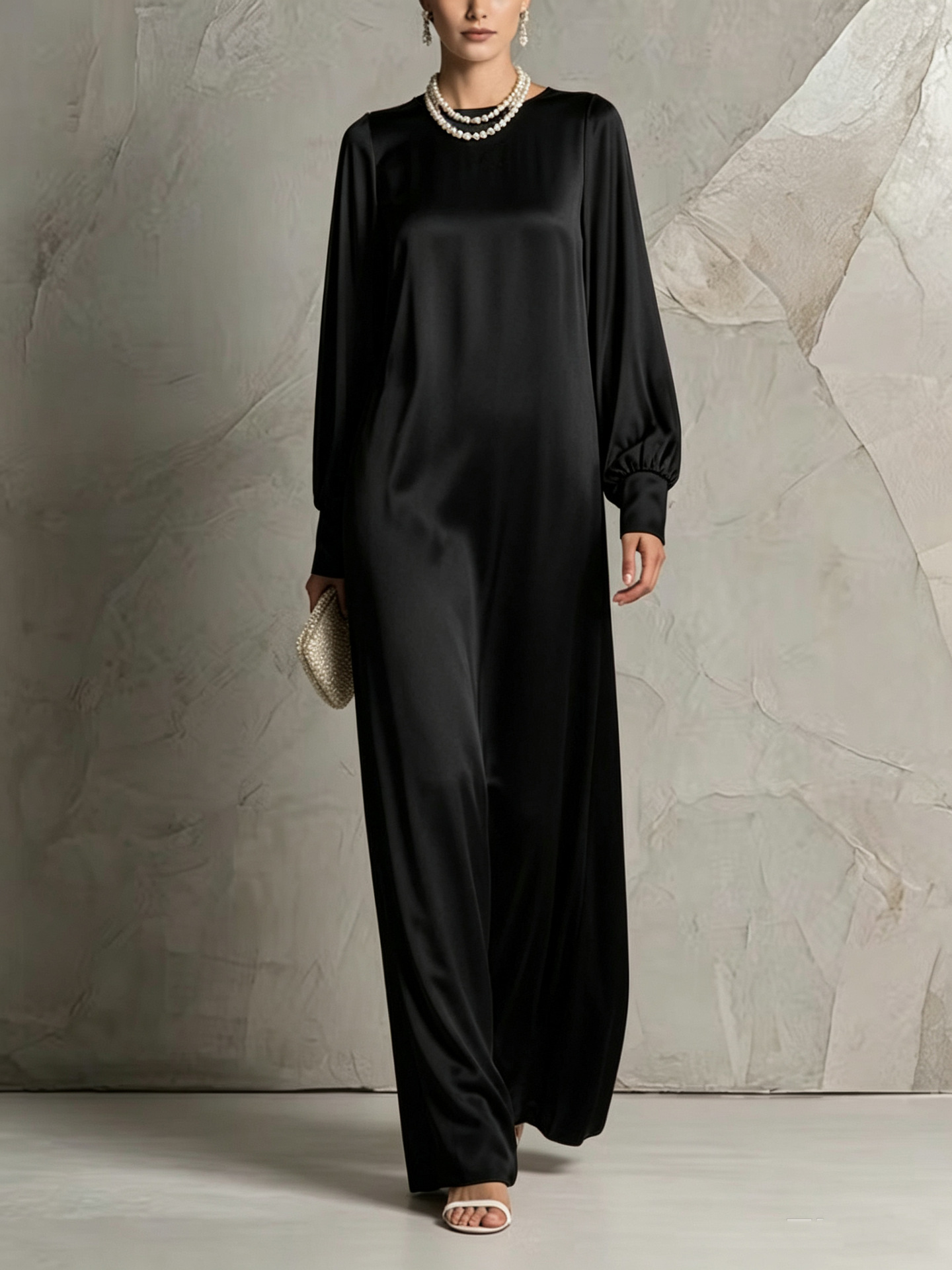 Solid Silk-Feel Lantern Sleeve Maxi Dress with Round Neck and Flowing Oversized Skirt