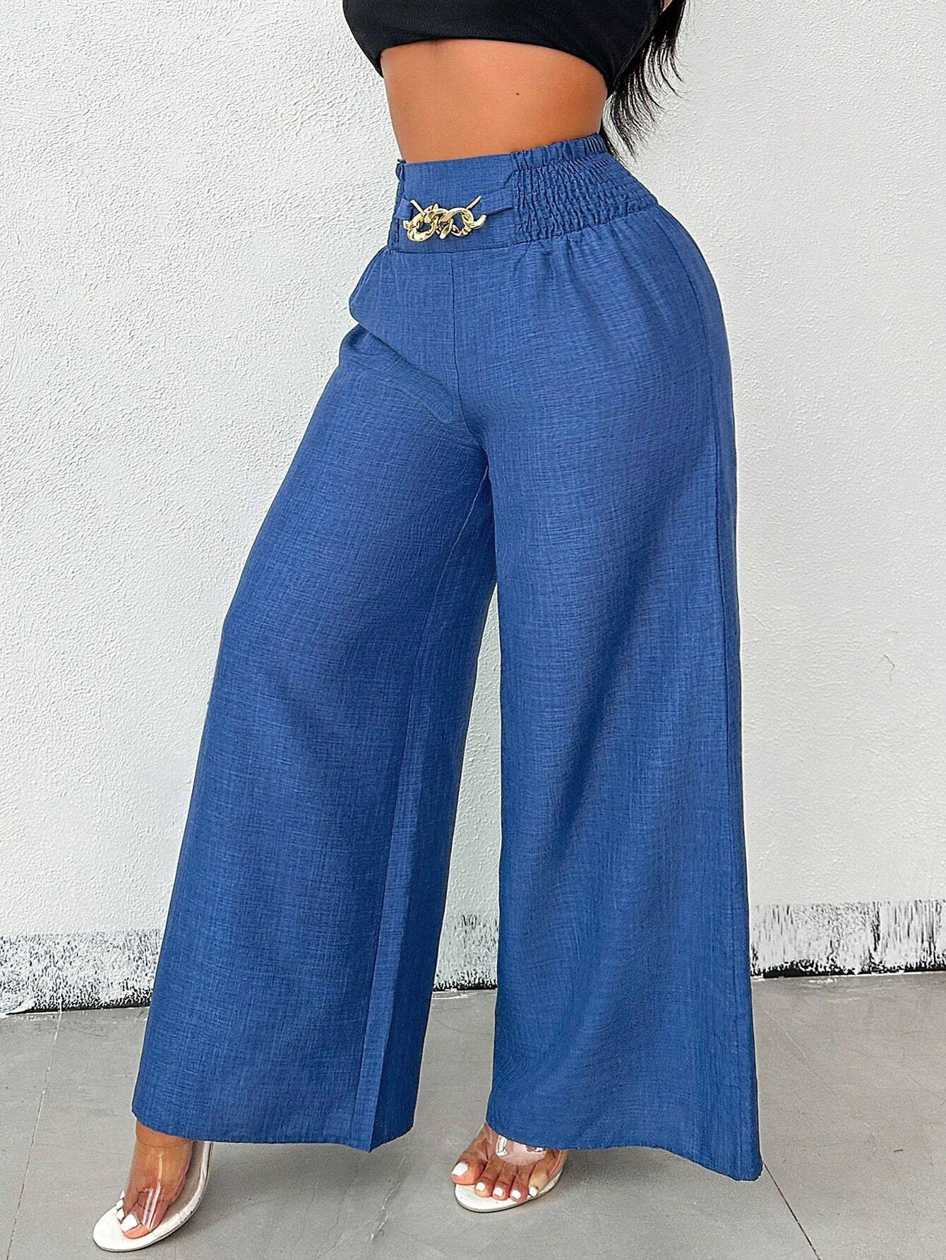 Women's High-Waist Wide-Leg Pants with Elastic Waist and Chain Detail