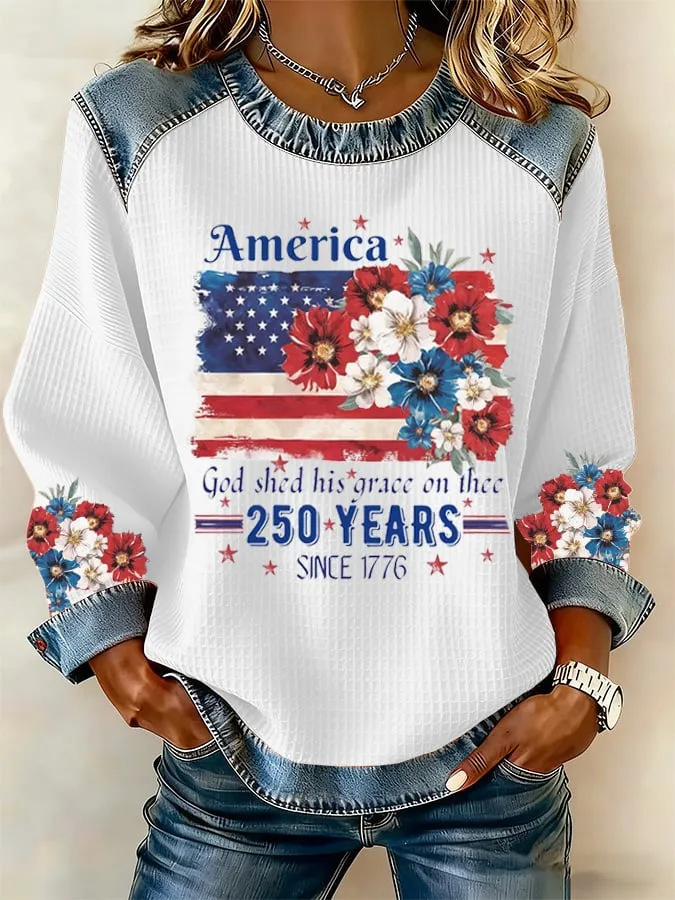 Women's Patriotic American Flag Print Crewneck Sweatshirt