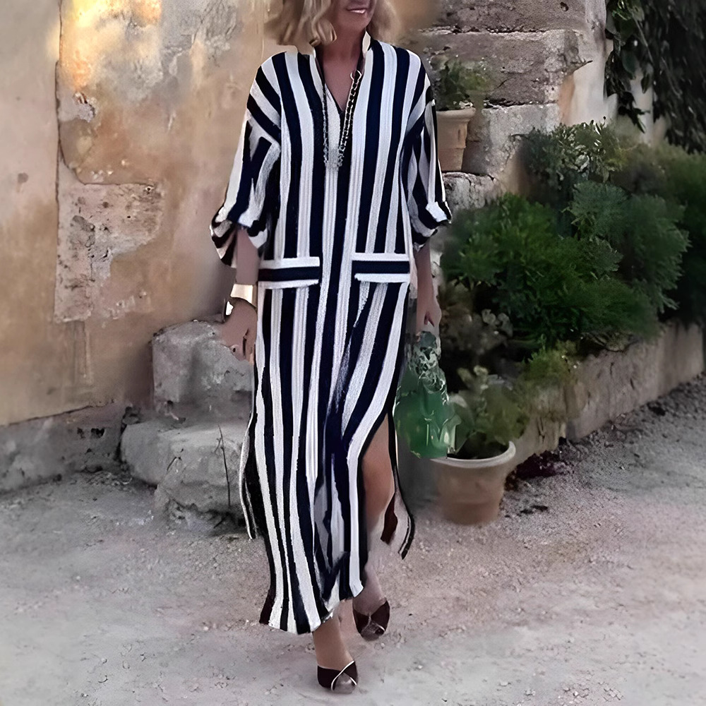 Striped Side Slit V-Neck Midi Dress
