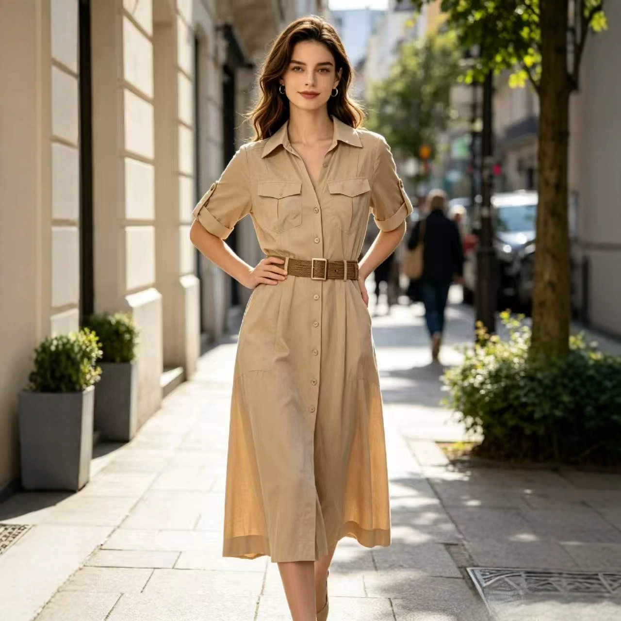 Women's Polo Collar A-Line Shirt Dress Short Sleeve Polyester Khaki