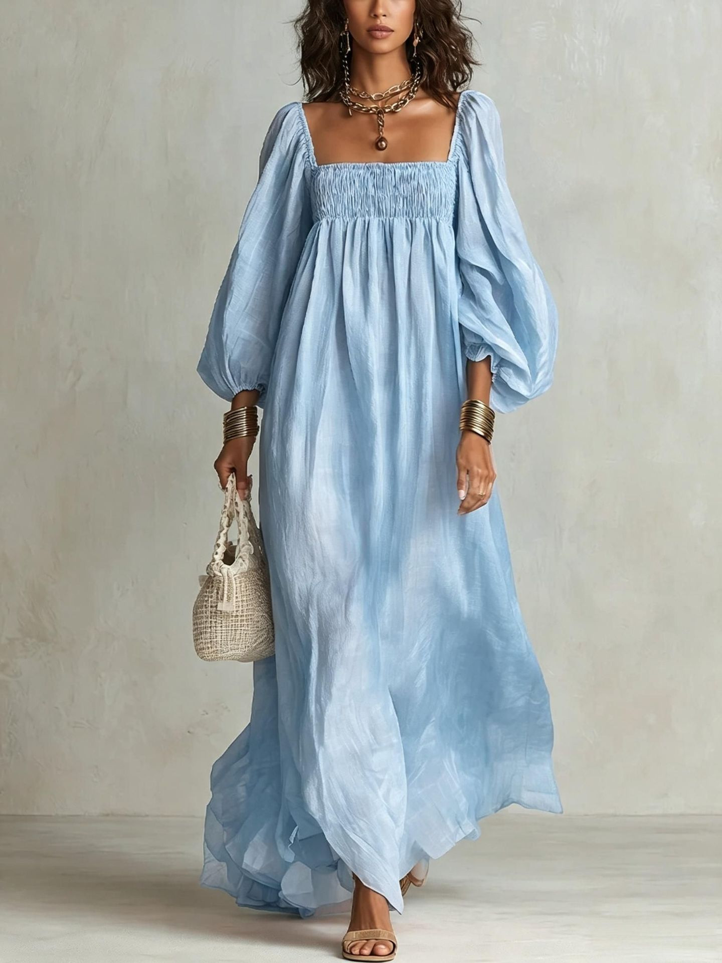 Elegant Square Neck Long Sleeve Loose Vacation Dress