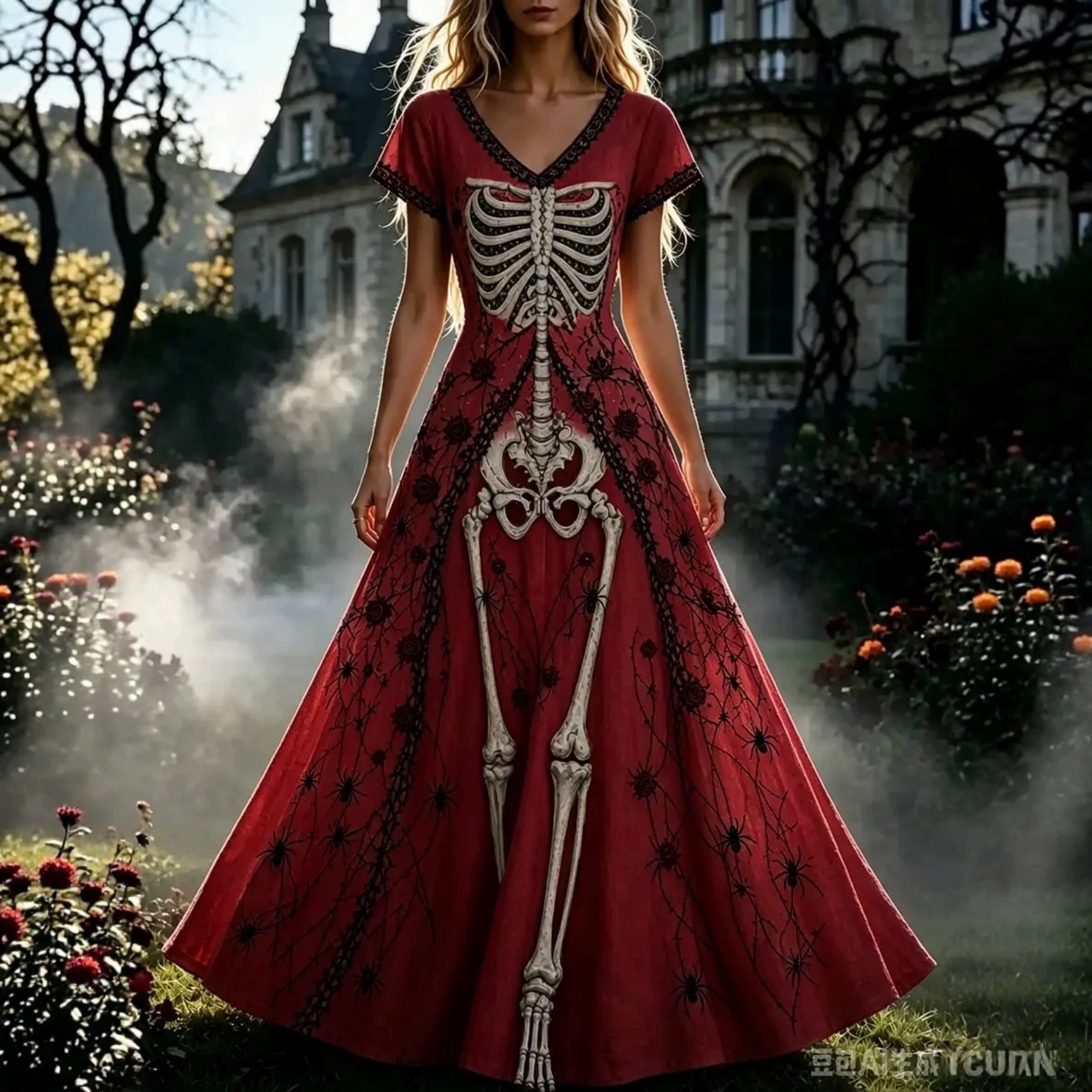 Women's Floral Skeleton Halloween Print Casual Midi Dress