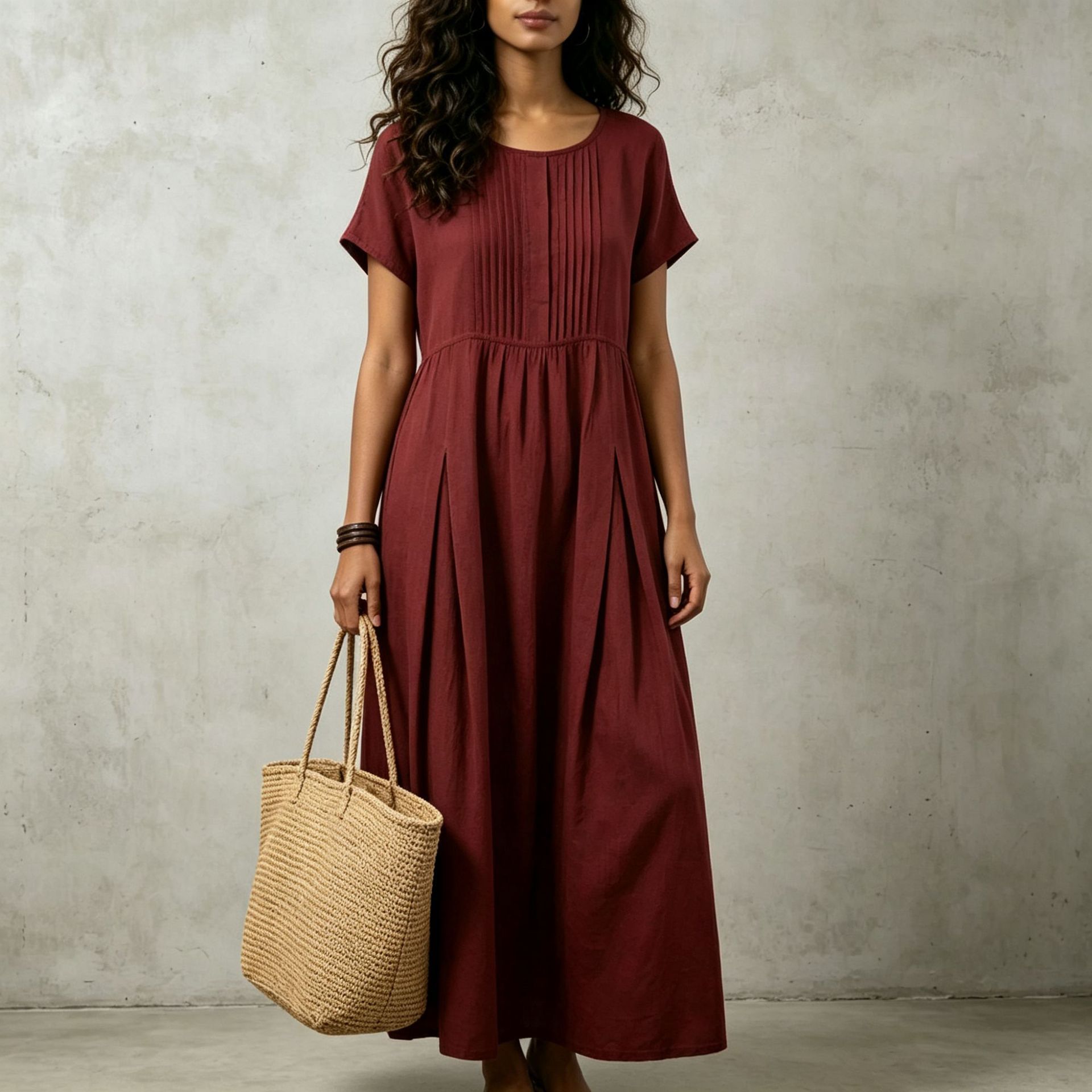 Women's Cotton Linen Short Sleeve Midi Dress Pleated Loose Solid Color