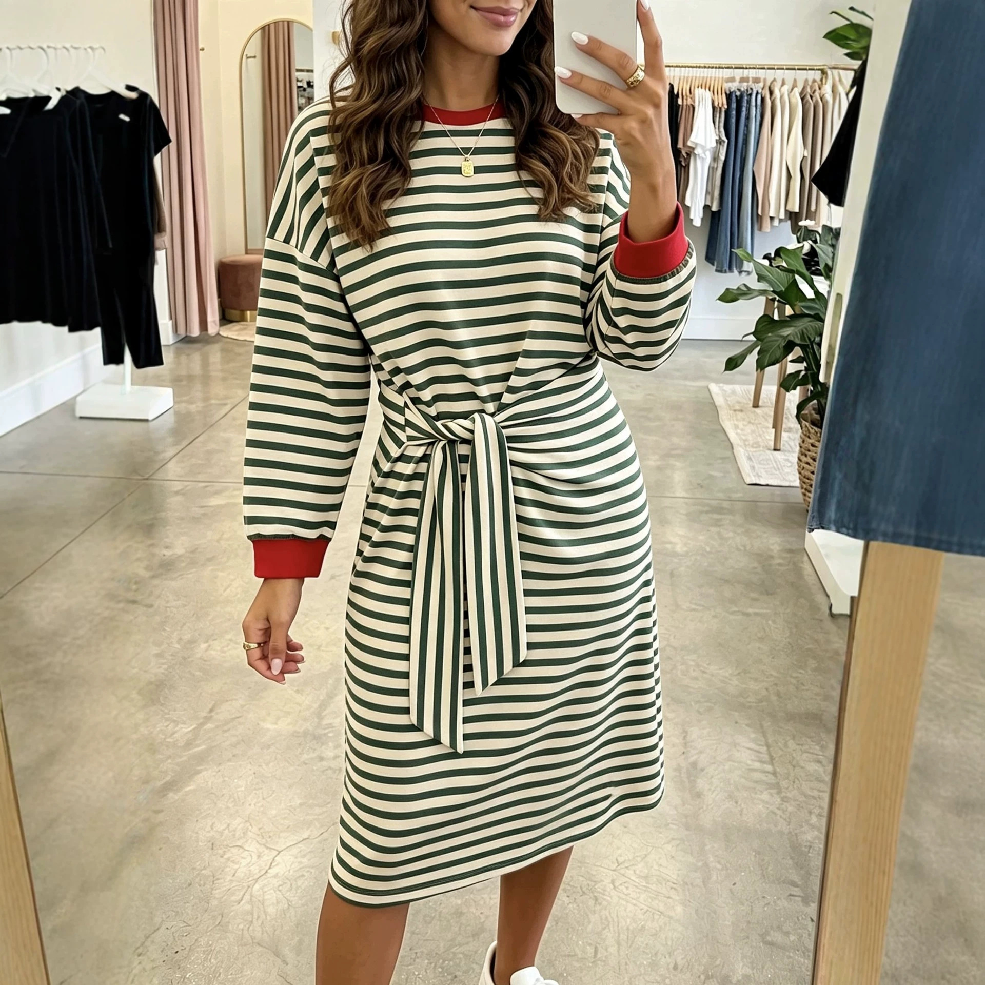 Striped Patchwork Long Sleeve Tie-Waist Loose Casual Dress