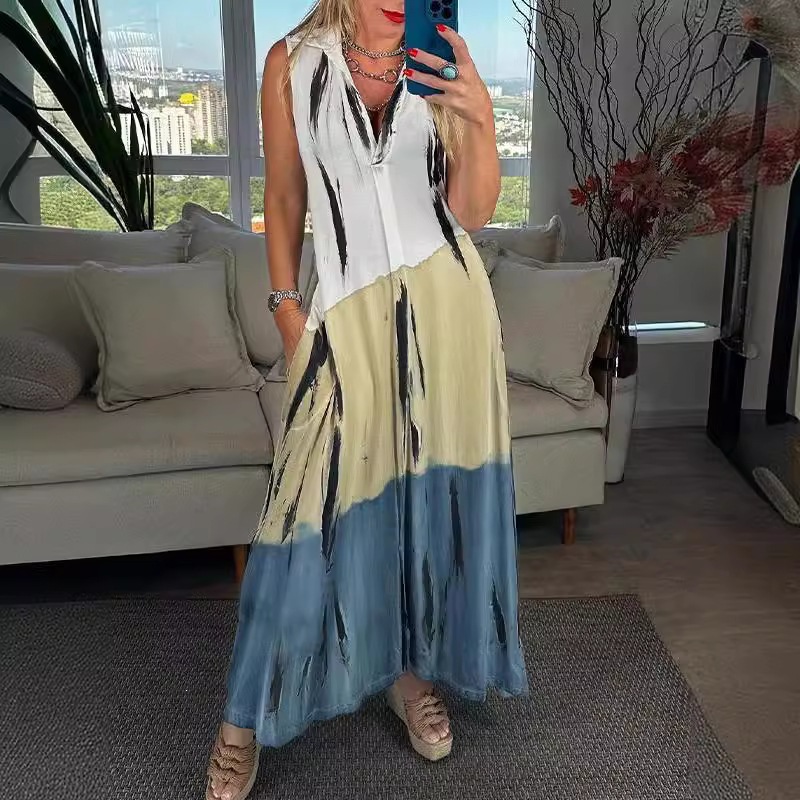 V-Neck Printed A-Line Maxi Dress Sleeveless Casual