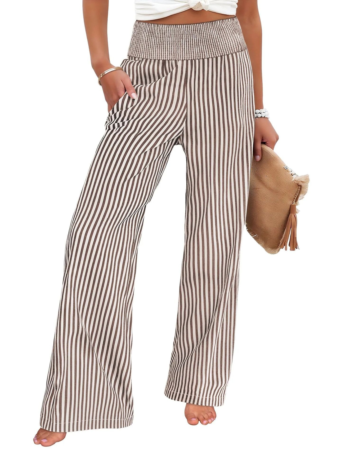 Striped Smocked Wide-Leg Pants for Women, Casual Loose Fit