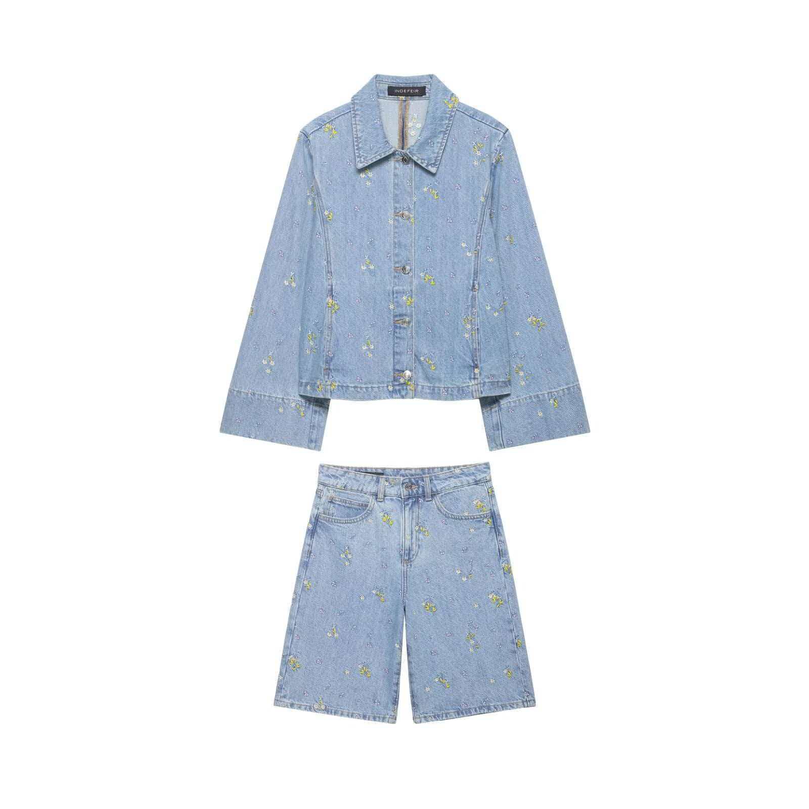 Women's Retro Floral Denim Two-Piece Set Long Sleeve Jacket & Capri Pants