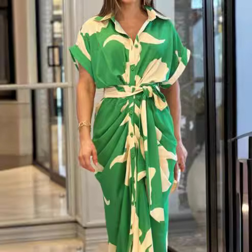 Women's Floral Print Button-Front Midi Shirt Dress Short Sleeve