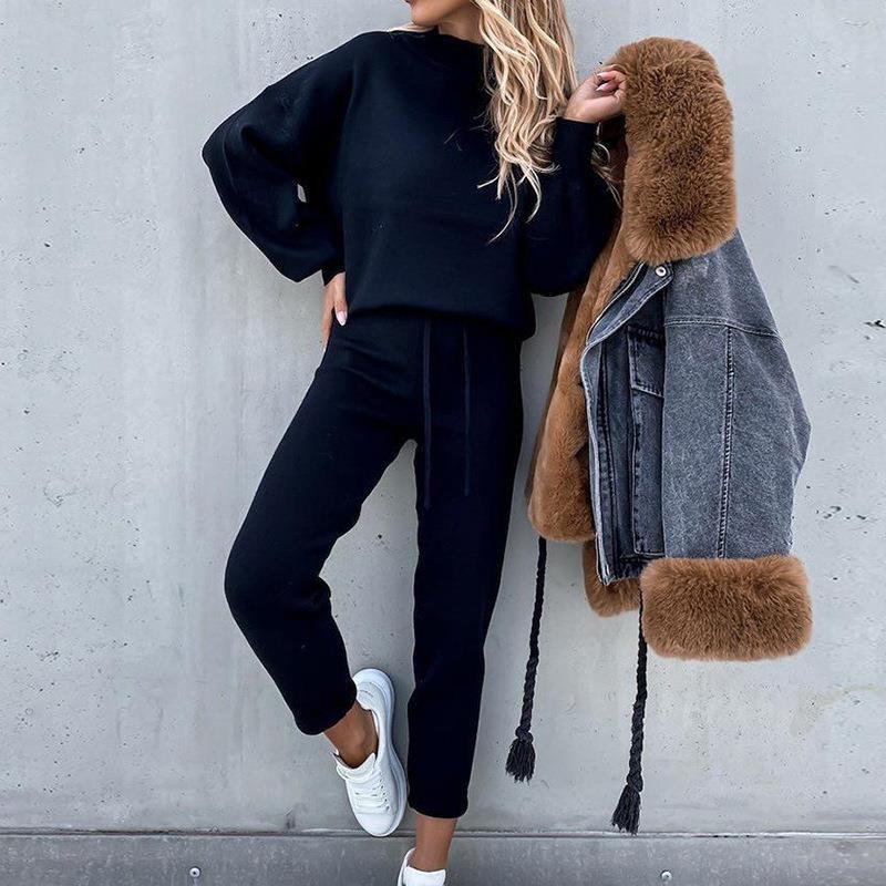 Women's Turtleneck Solid Color Top and Drawstring Pants Two-Piece Sweatsuit Set