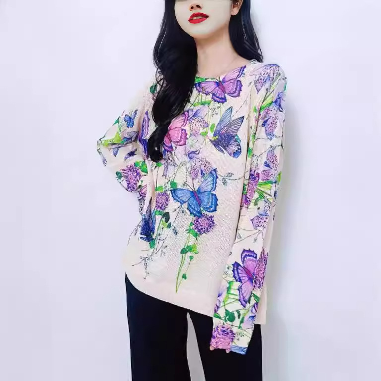 Elegant Butterfly Print Knit Pullover Sweater Long Sleeve Crew Neck Color Block