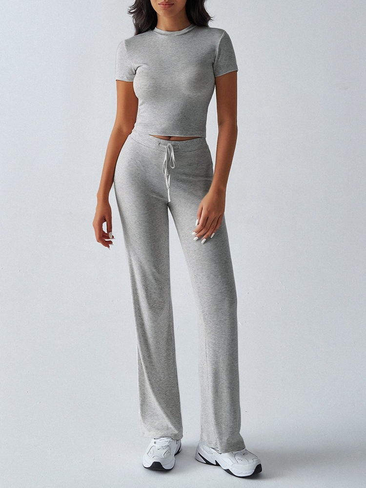 Women's Solid Color Crewneck Short Sleeve Top and Long Pants Casual Set