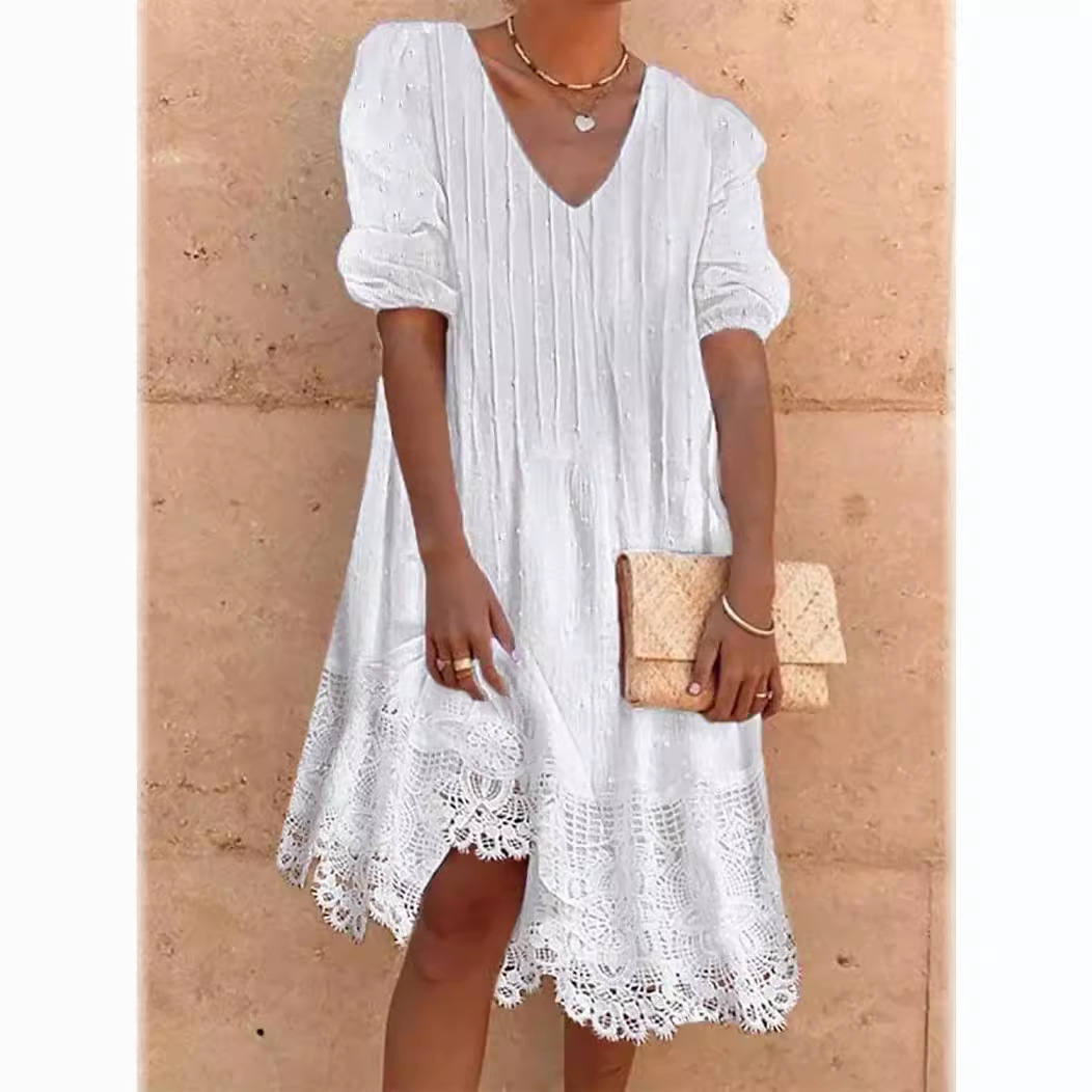 Women's Lace Summer Dress with Pom-Pom Trim and Ruffle Hem