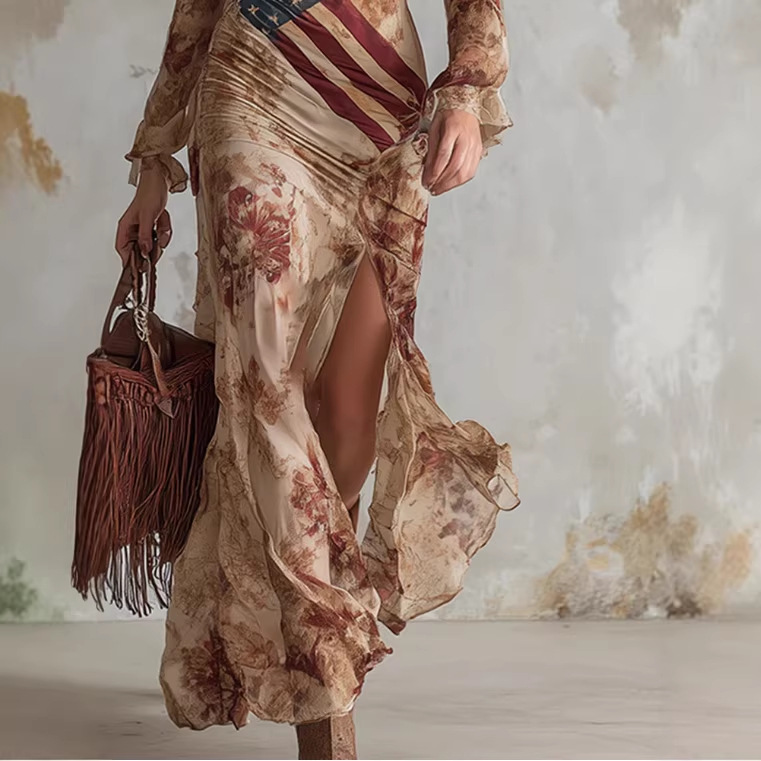 Boho Floral Print V-Neck Long Sleeve Bodycon Maxi Dress
