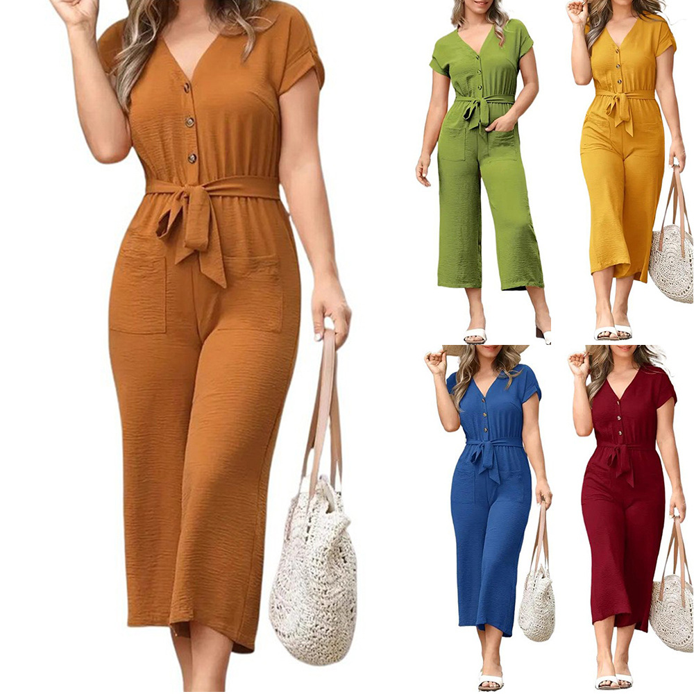 Women's V-Neck Short Sleeve Button Tie Belted Jumpsuit Cropped Pants