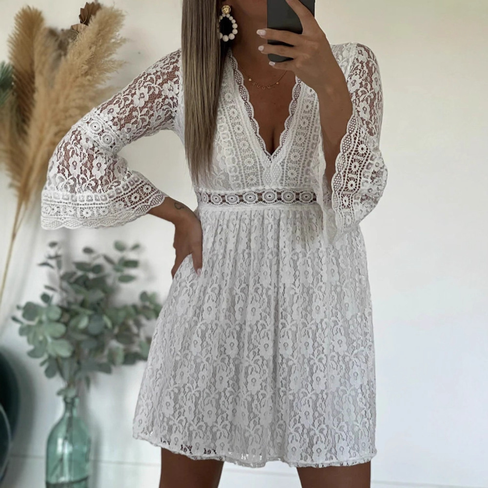Elegant Hollow-Out Flared Sleeve Floral Lace A-Line Mini Dress
