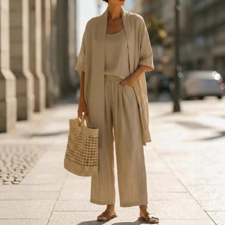 Women's Solid Color Casual Loose Straight Three-Piece Pant Set