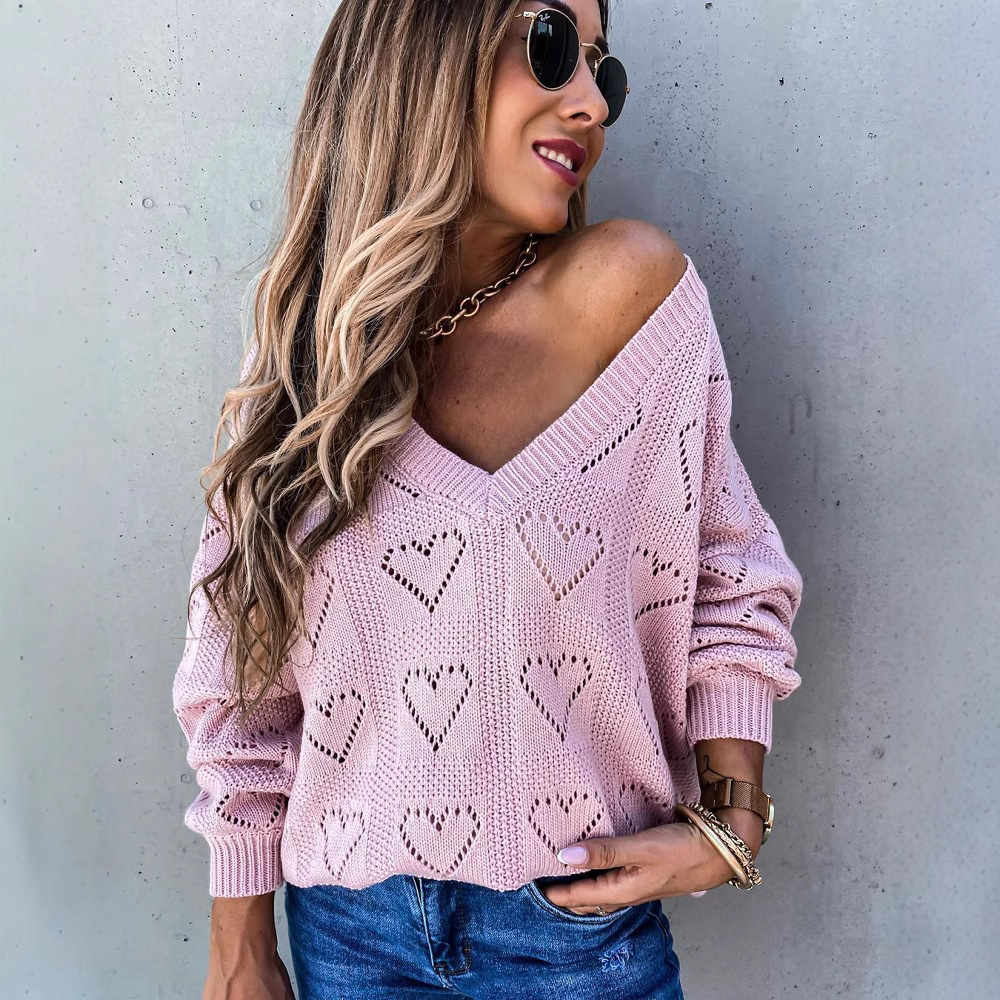 V-Neck Heart Cutout Long-Sleeve Sweater