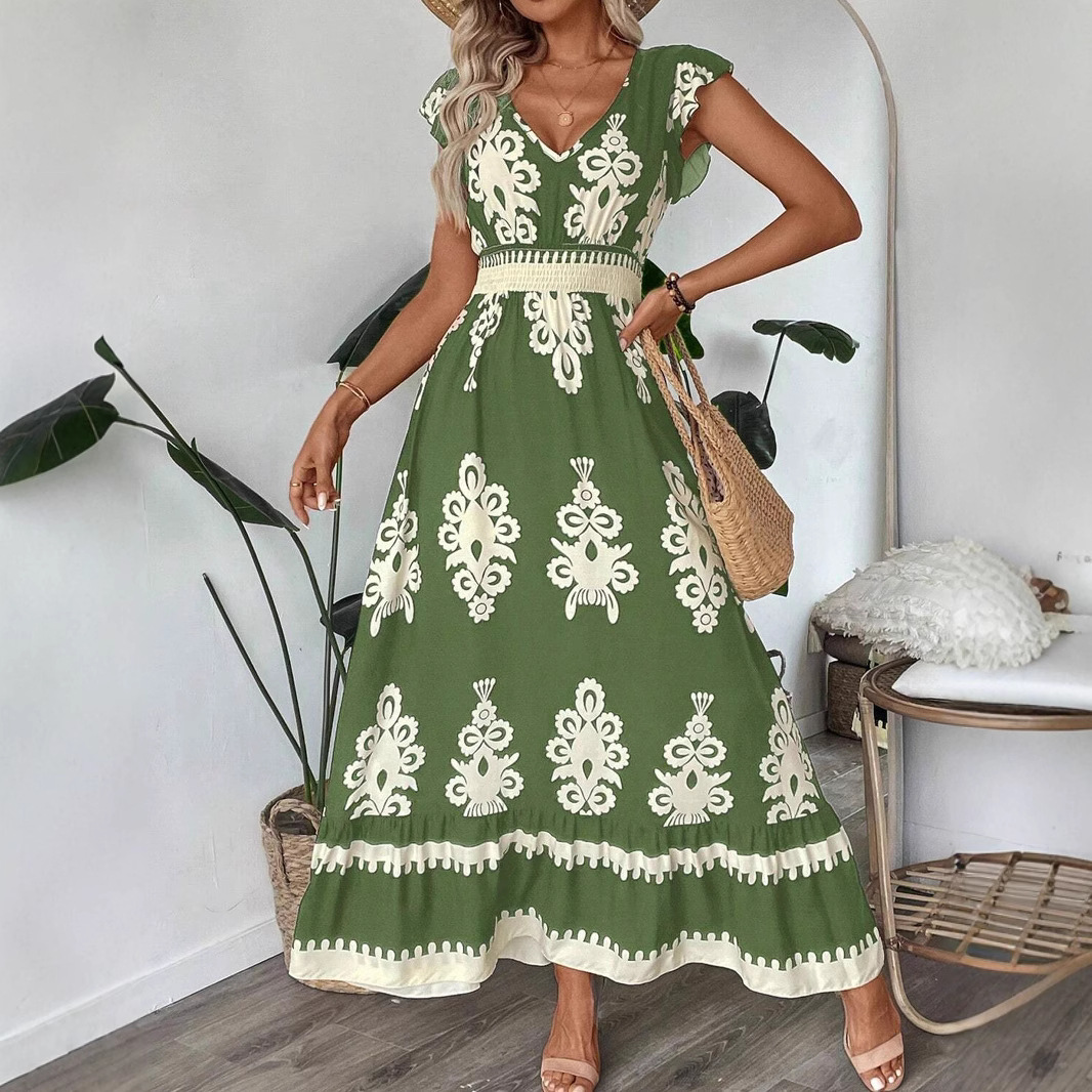 Women's Floral Print V-Neck Midi Dress with Waist Tie