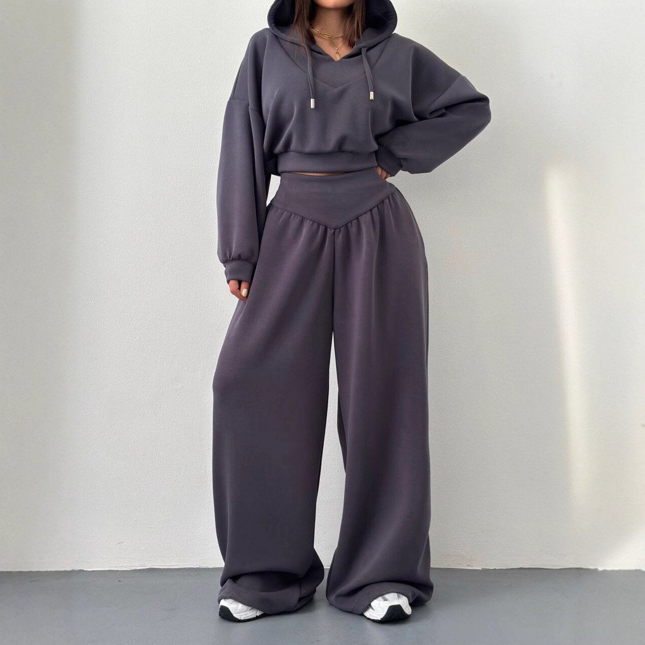 Women's V-Neck Hooded Long-Sleeve Sweatshirt & Pants Set Casual Two-Piece